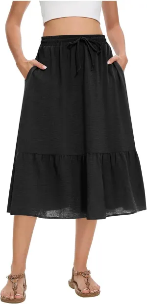 HGps8w Women's 2025 Summer Linen Midi Skirt, Trendy Casual Drawstring A-Line Elastic Waist Beach Dress Skirts with Pockets