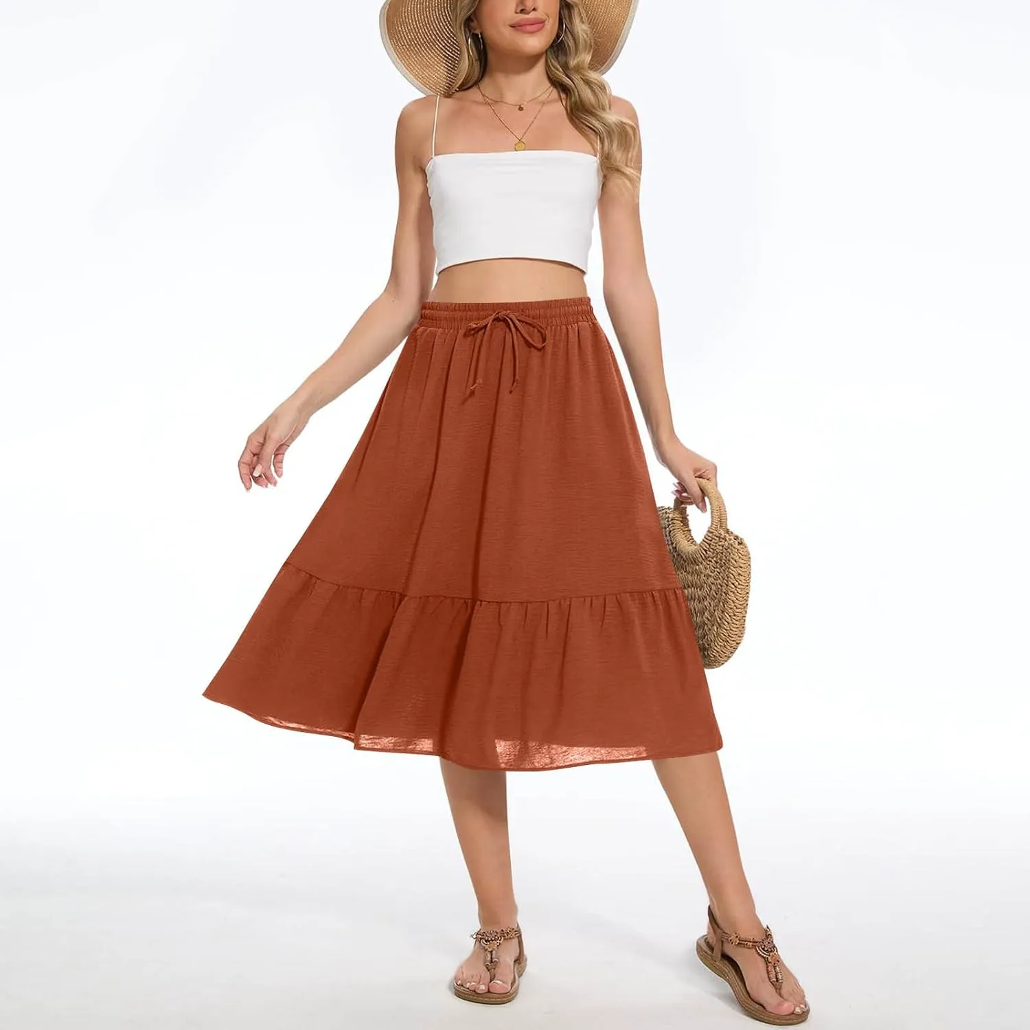 HGps8w Women's 2025 Summer Linen Midi Skirt, Trendy Casual Drawstring A-Line Elastic Waist Beach Dress Skirts with Pockets