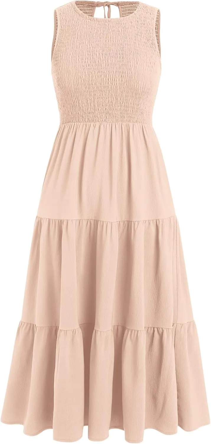 IDOPIP Women's Smocked Ruffle Dress Summer Casual Maxi Dresses with Pockets 2024 Spring Sleeveless Tiered Long Beach Sundress