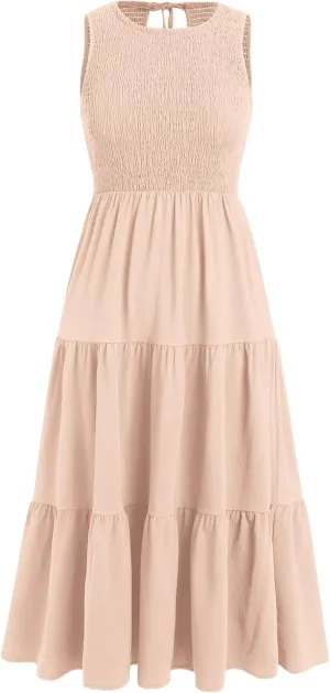 IDOPIP Women's Smocked Ruffle Dress Summer Casual Maxi Dresses with Pockets 2024 Spring Sleeveless Tiered Long Beach Sundress