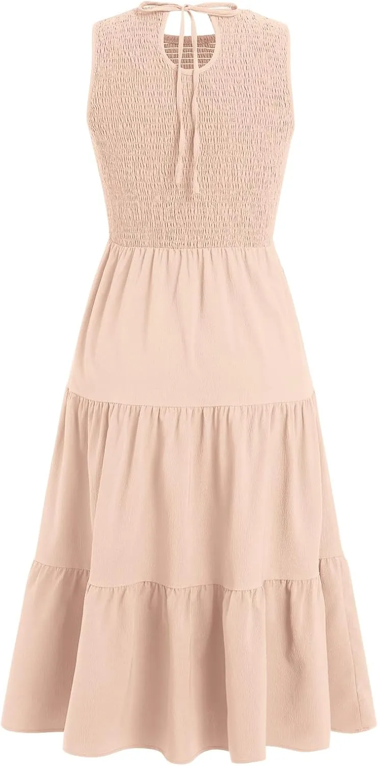 IDOPIP Women's Smocked Ruffle Dress Summer Casual Maxi Dresses with Pockets 2024 Spring Sleeveless Tiered Long Beach Sundress