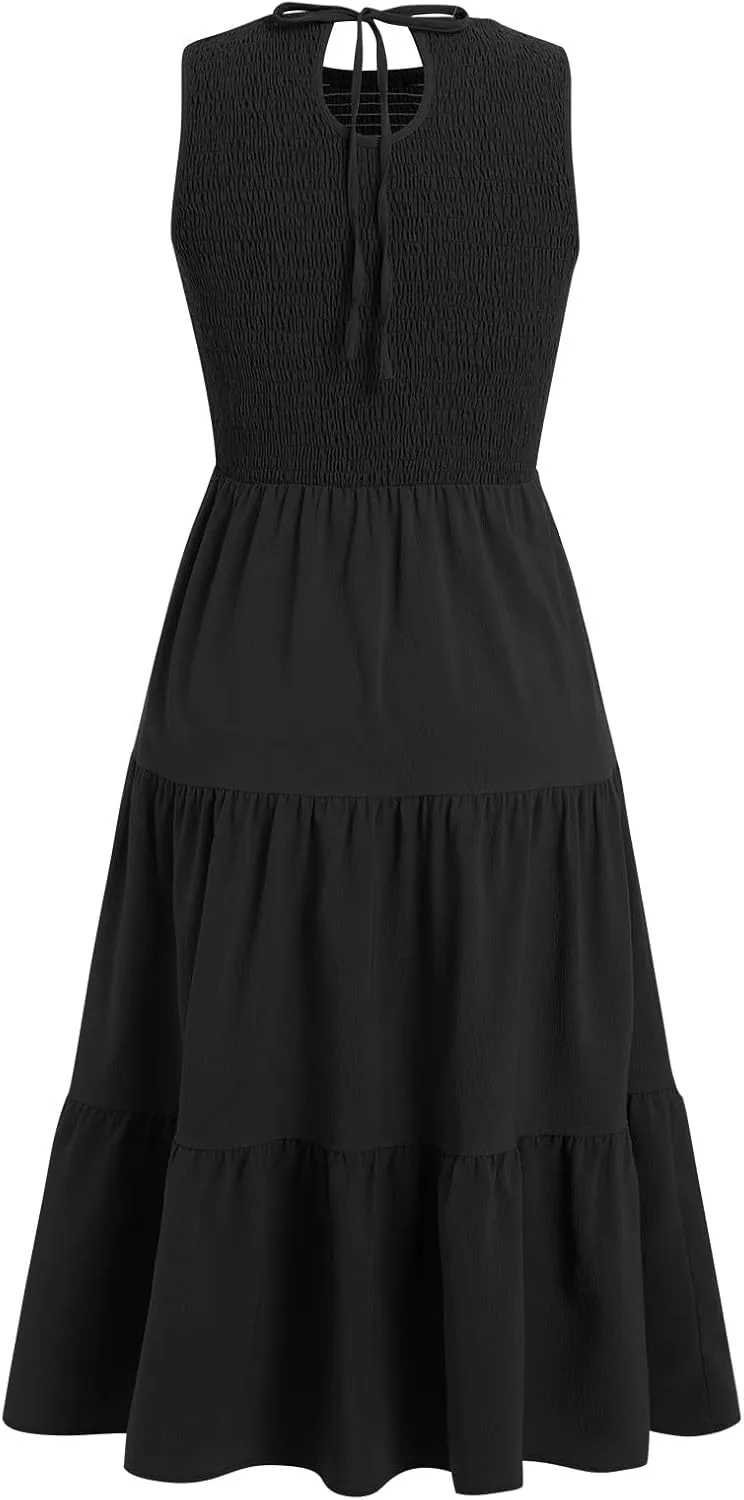 IDOPIP Women's Smocked Ruffle Dress Summer Casual Maxi Dresses with Pockets 2024 Spring Sleeveless Tiered Long Beach Sundress