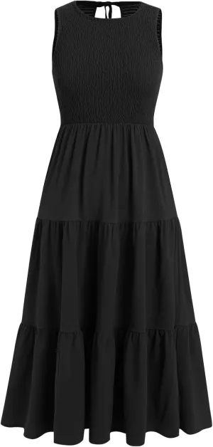 IDOPIP Women's Smocked Ruffle Dress Summer Casual Maxi Dresses with Pockets 2024 Spring Sleeveless Tiered Long Beach Sundress