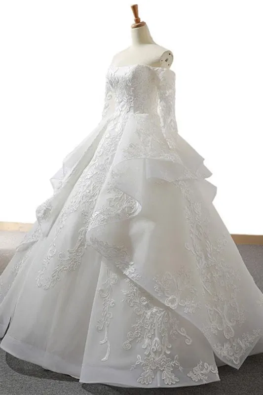 Lace-up Off Shoulder Long Sleeve Tulle Wedding Dress