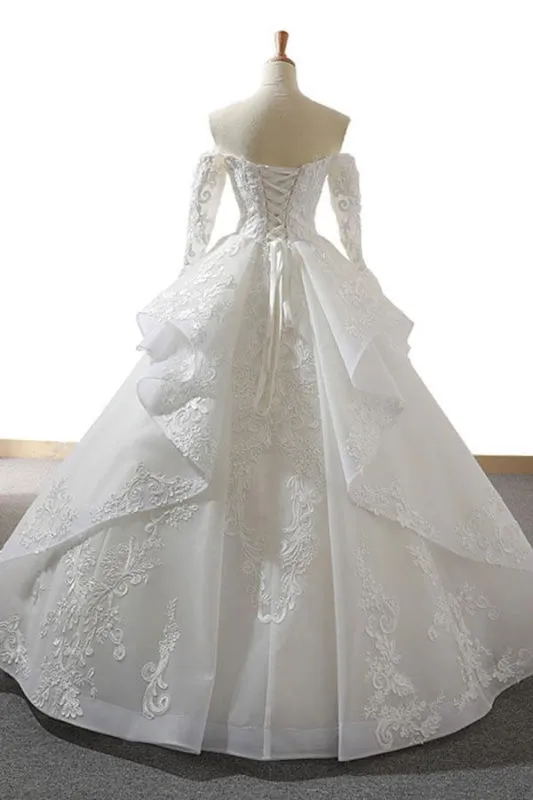Lace-up Off Shoulder Long Sleeve Tulle Wedding Dress