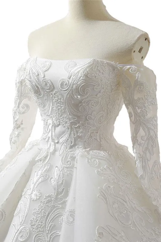 Lace-up Off Shoulder Long Sleeve Tulle Wedding Dress