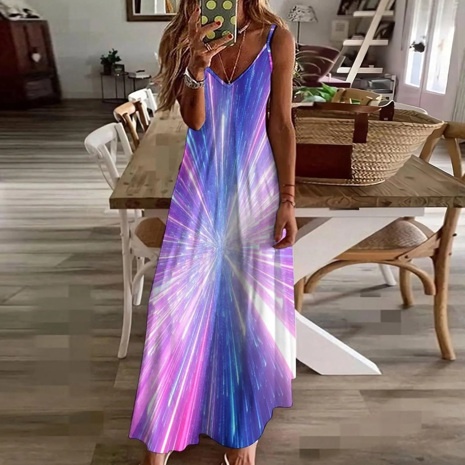 Lightning Star Cute Women's Casual Maxi Dresses Summer Spaghetti Straps Long Sleeveless Dress Sundress