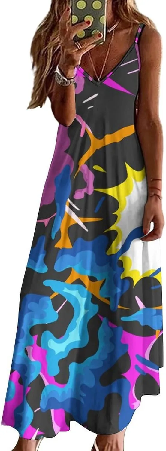 Lightning Star Cute Women's Casual Maxi Dresses Summer Spaghetti Straps Long Sleeveless Dress Sundress