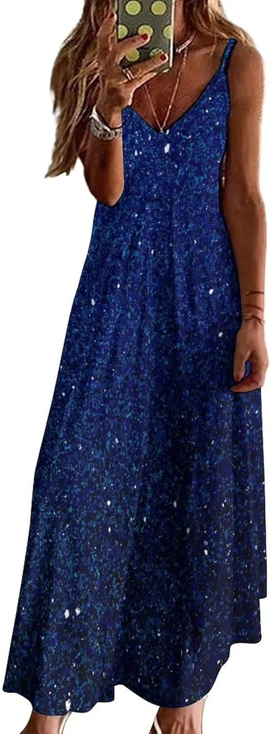 Lightning Star Cute Women's Casual Maxi Dresses Summer Spaghetti Straps Long Sleeveless Dress Sundress