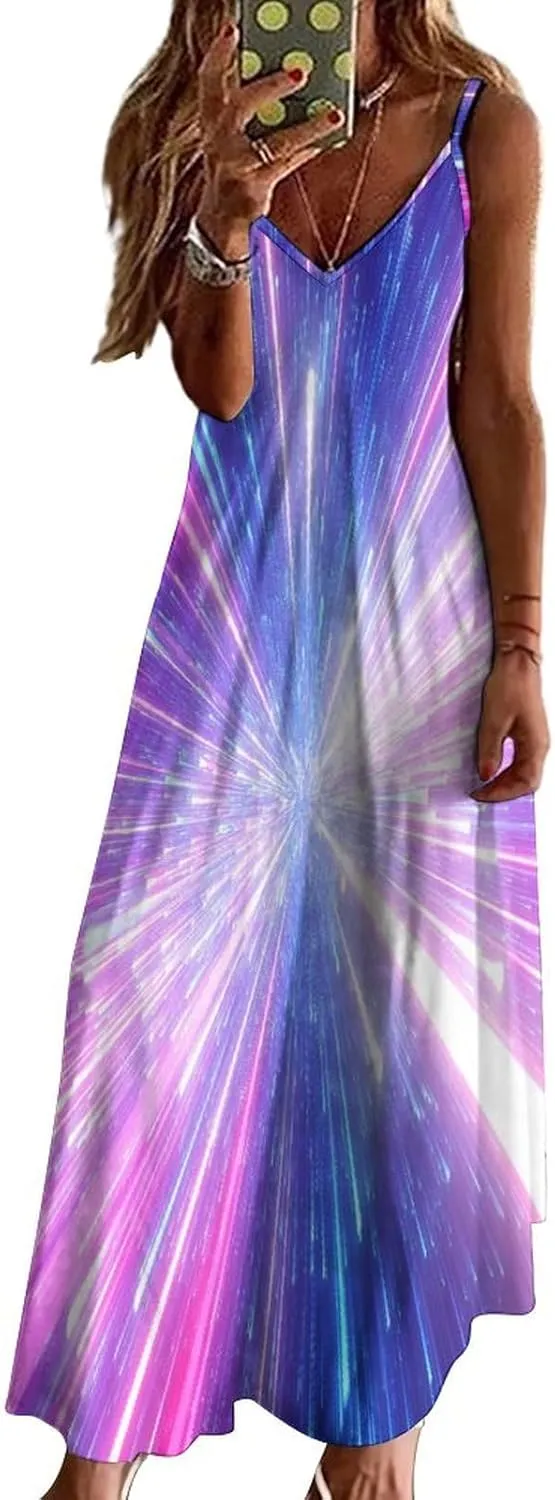 Lightning Star Cute Women's Casual Maxi Dresses Summer Spaghetti Straps Long Sleeveless Dress Sundress