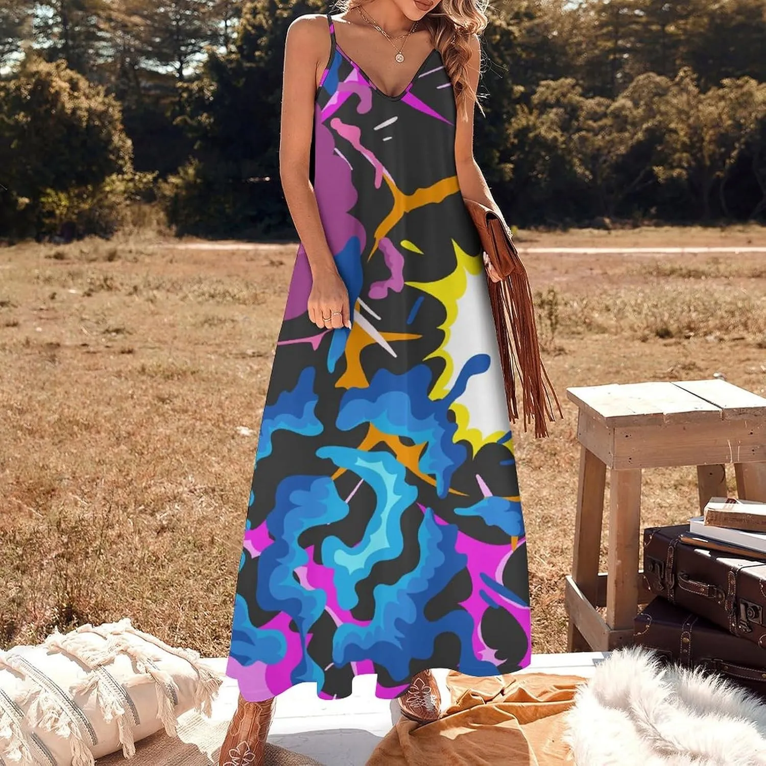 Lightning Star Cute Women's Casual Maxi Dresses Summer Spaghetti Straps Long Sleeveless Dress Sundress