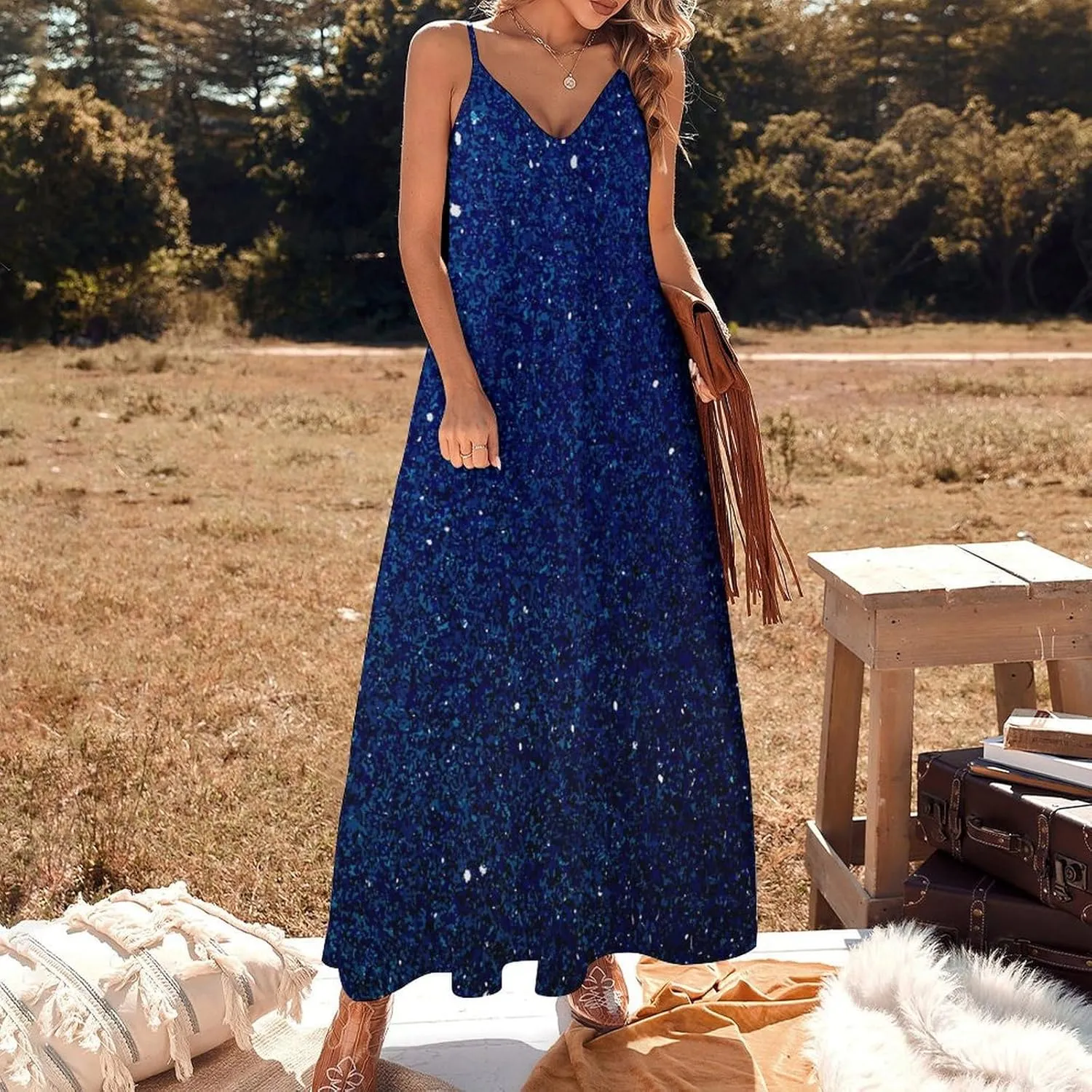 Lightning Star Cute Women's Casual Maxi Dresses Summer Spaghetti Straps Long Sleeveless Dress Sundress