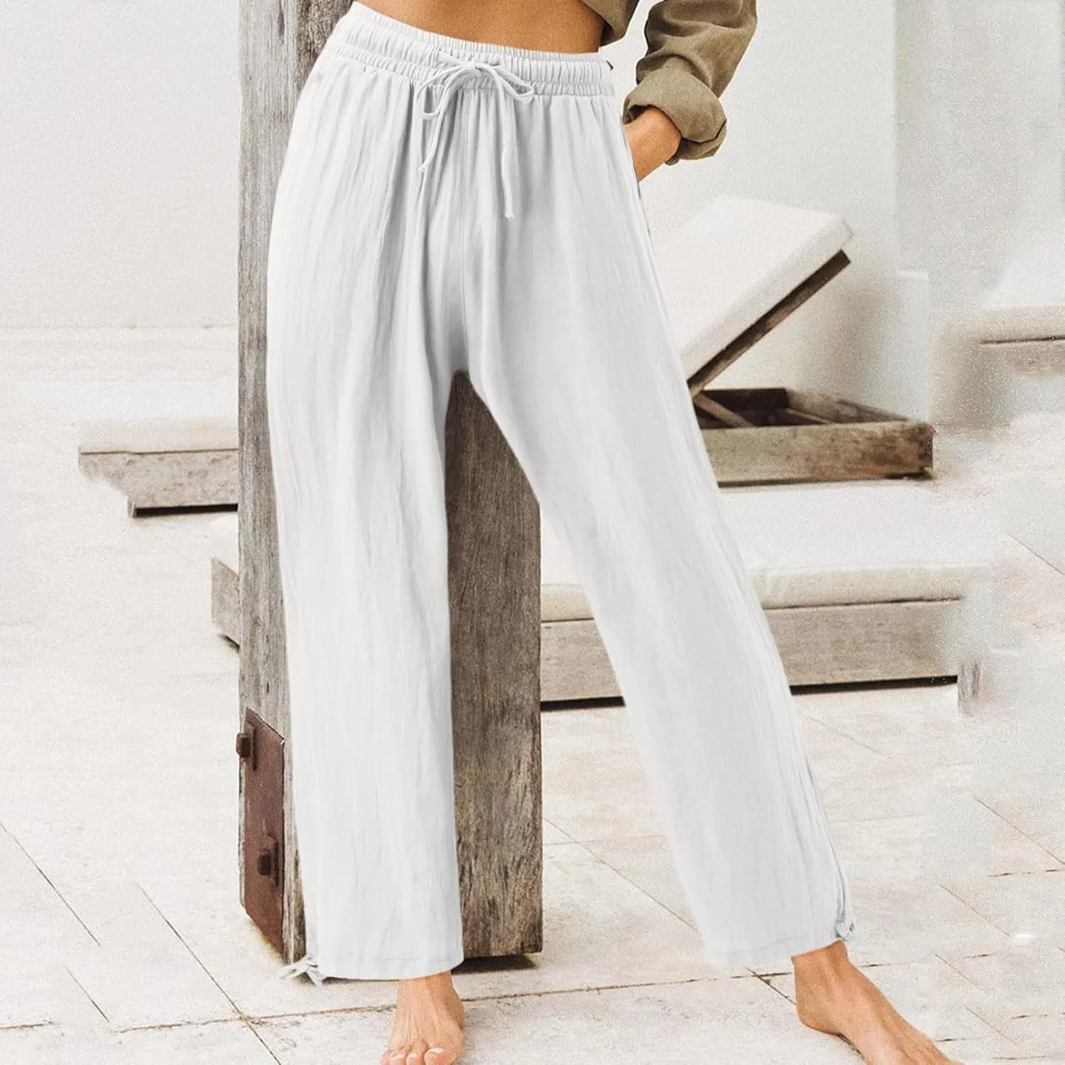 Linen Pants Women Plus Size Boho Comfy Flowy Wide Leg Trouser Summer High Waist Beach Palazzo Sweatpant with Pocket