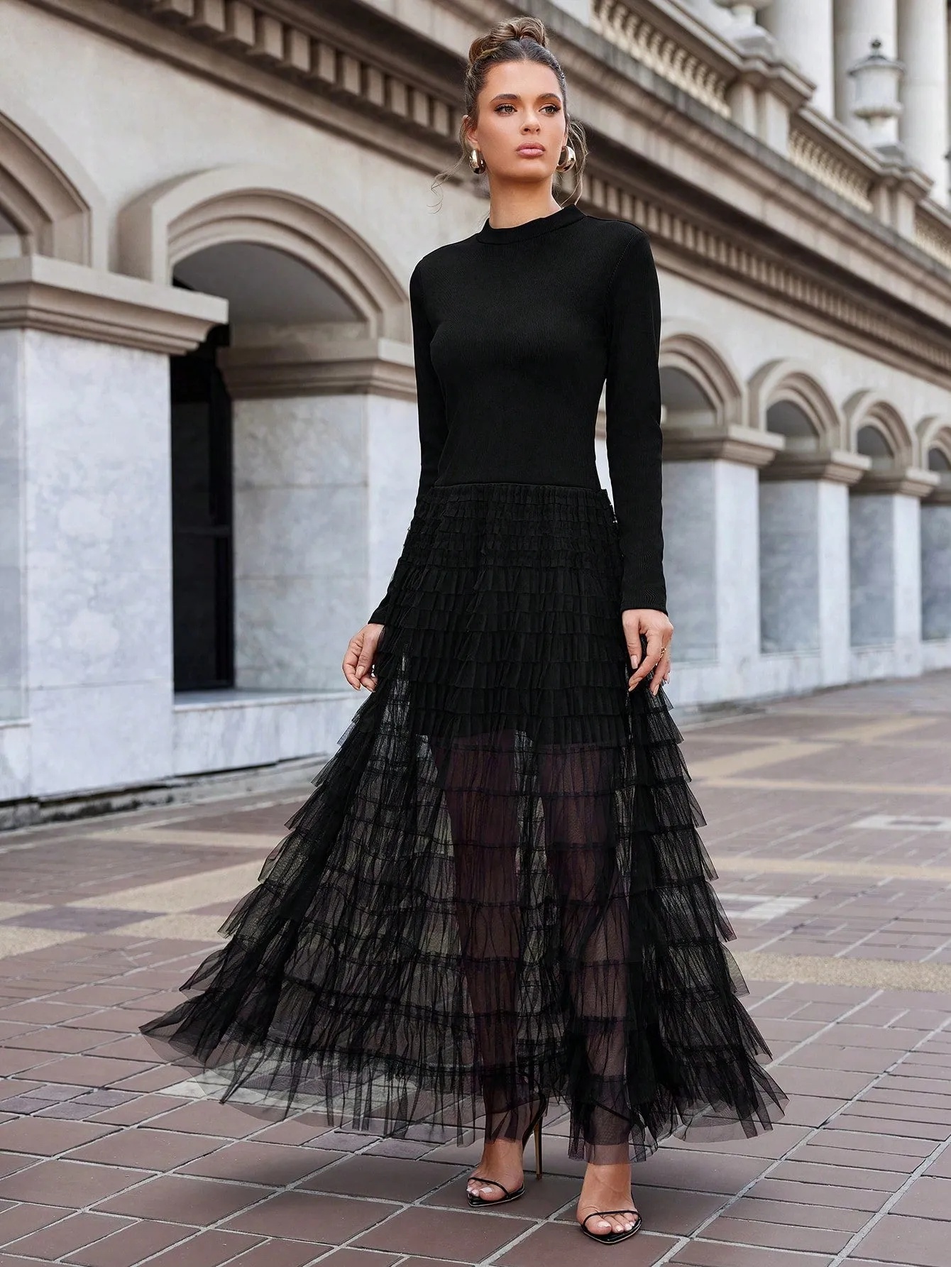 Long Sleeve Mesh Contrast Dress