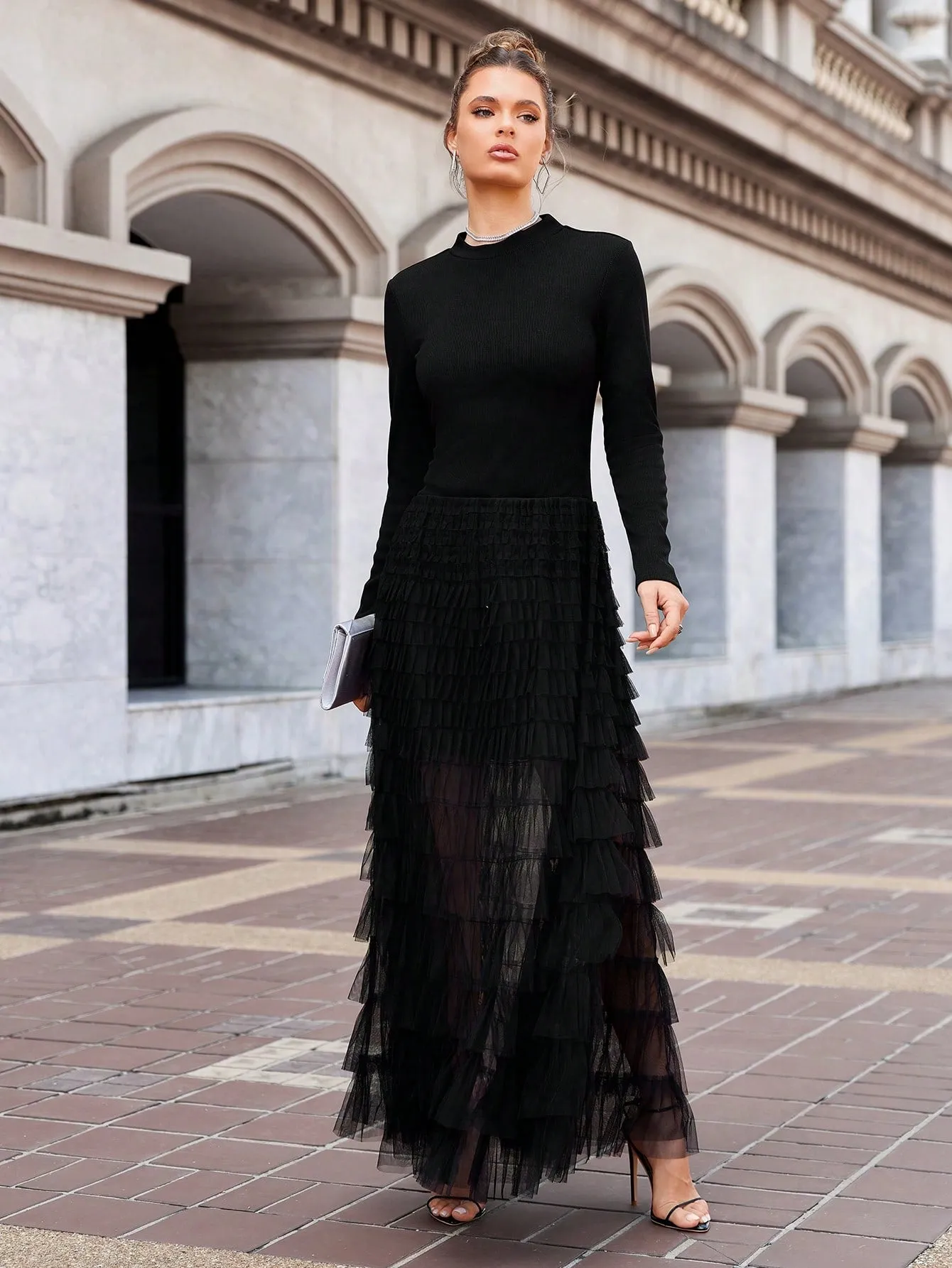 Long Sleeve Mesh Contrast Dress