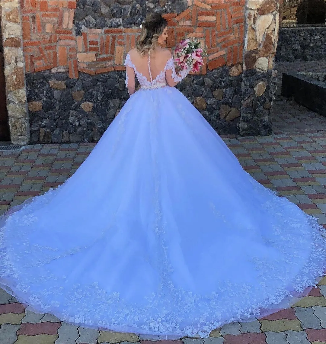 Long Sleeves Off Shoulder Tulle Aline Wedding Dress