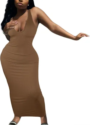 LovelyWholesale Maxi Dress for Women Sexy Sundresses Bodycon Ribbed Tank Dresses Summer Party Dress