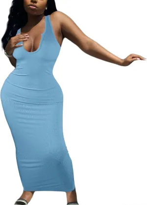 LovelyWholesale Maxi Dress for Women Sexy Sundresses Bodycon Ribbed Tank Dresses Summer Party Dress