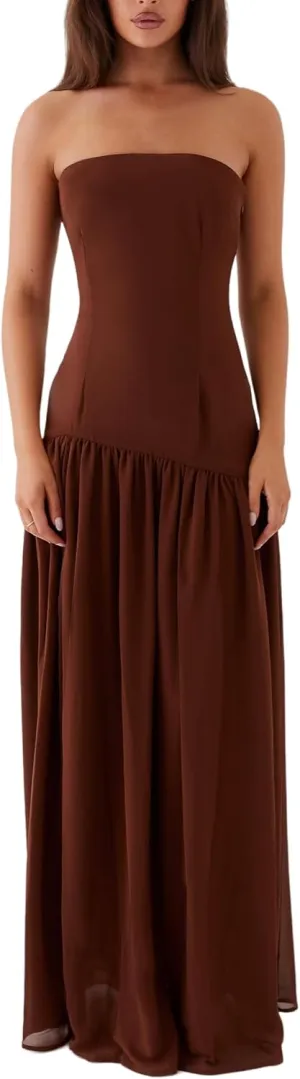 Luckinbaby Women Strapless Drop Waist Maxi Dress Y2k Long Floral Tube Dress Flowy A Line Off Shoulder Cocktail Dresses