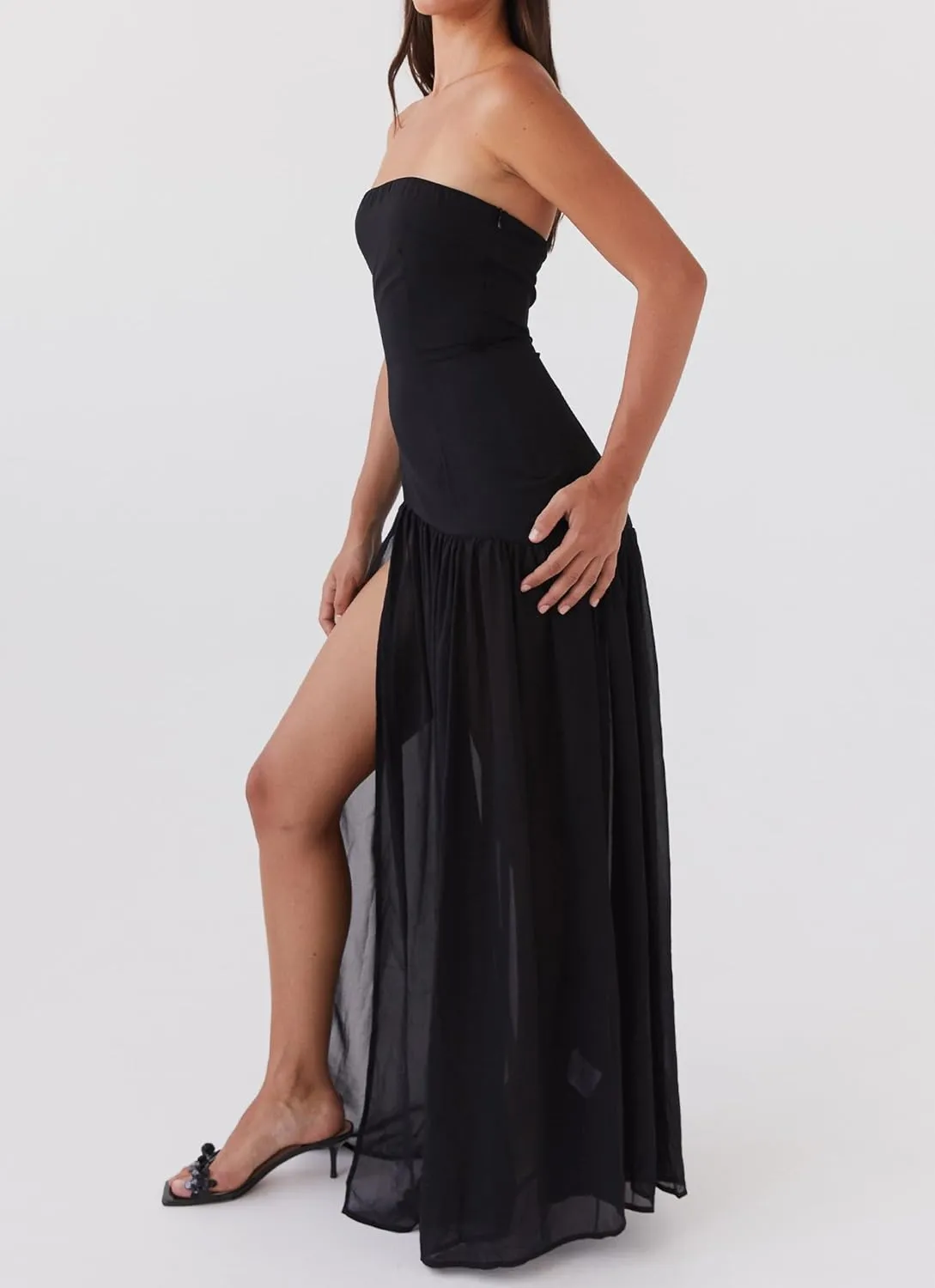Luckinbaby Women Strapless Drop Waist Maxi Dress Y2k Long Floral Tube Dress Flowy A Line Off Shoulder Cocktail Dresses
