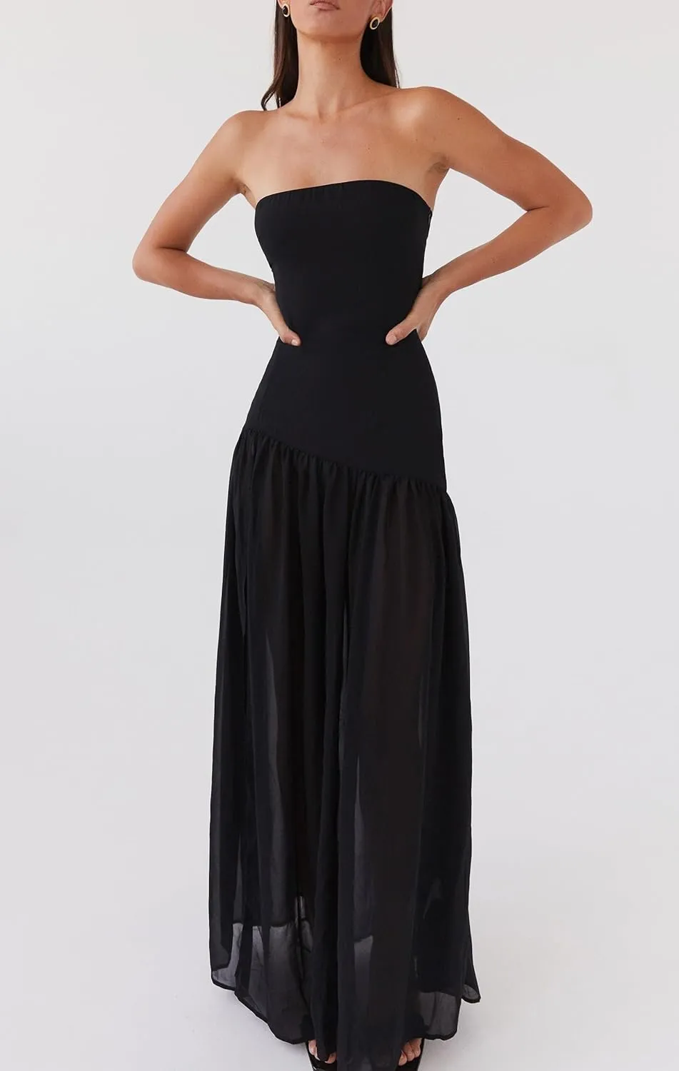 Luckinbaby Women Strapless Drop Waist Maxi Dress Y2k Long Floral Tube Dress Flowy A Line Off Shoulder Cocktail Dresses