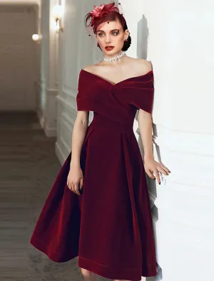 Luolandi A-Line Cocktail Dresses 1950s Dress Fall Wedding Guest Dress Knee Length Short Sleeve Off Shoulder Velvet with Pleats