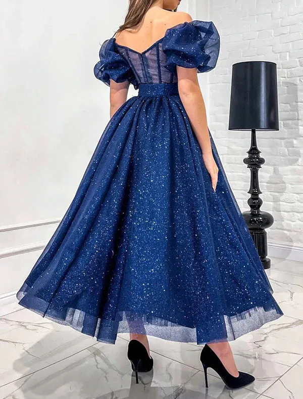 Luolandi A-Line Cocktail Dresses Corsets Dress Wedding Party Birthday Ankle Length Short Sleeve Off Shoulder Tulle with Glitter Belt Sparkly Evening Dress