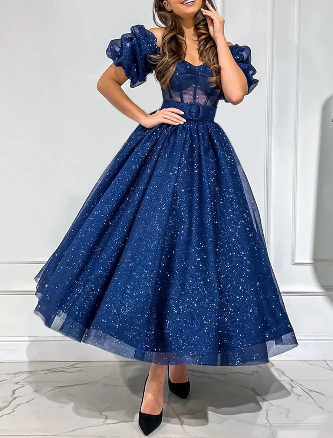 Luolandi A-Line Cocktail Dresses Corsets Dress Wedding Party Birthday Ankle Length Short Sleeve Off Shoulder Tulle with Glitter Belt Sparkly Evening Dress