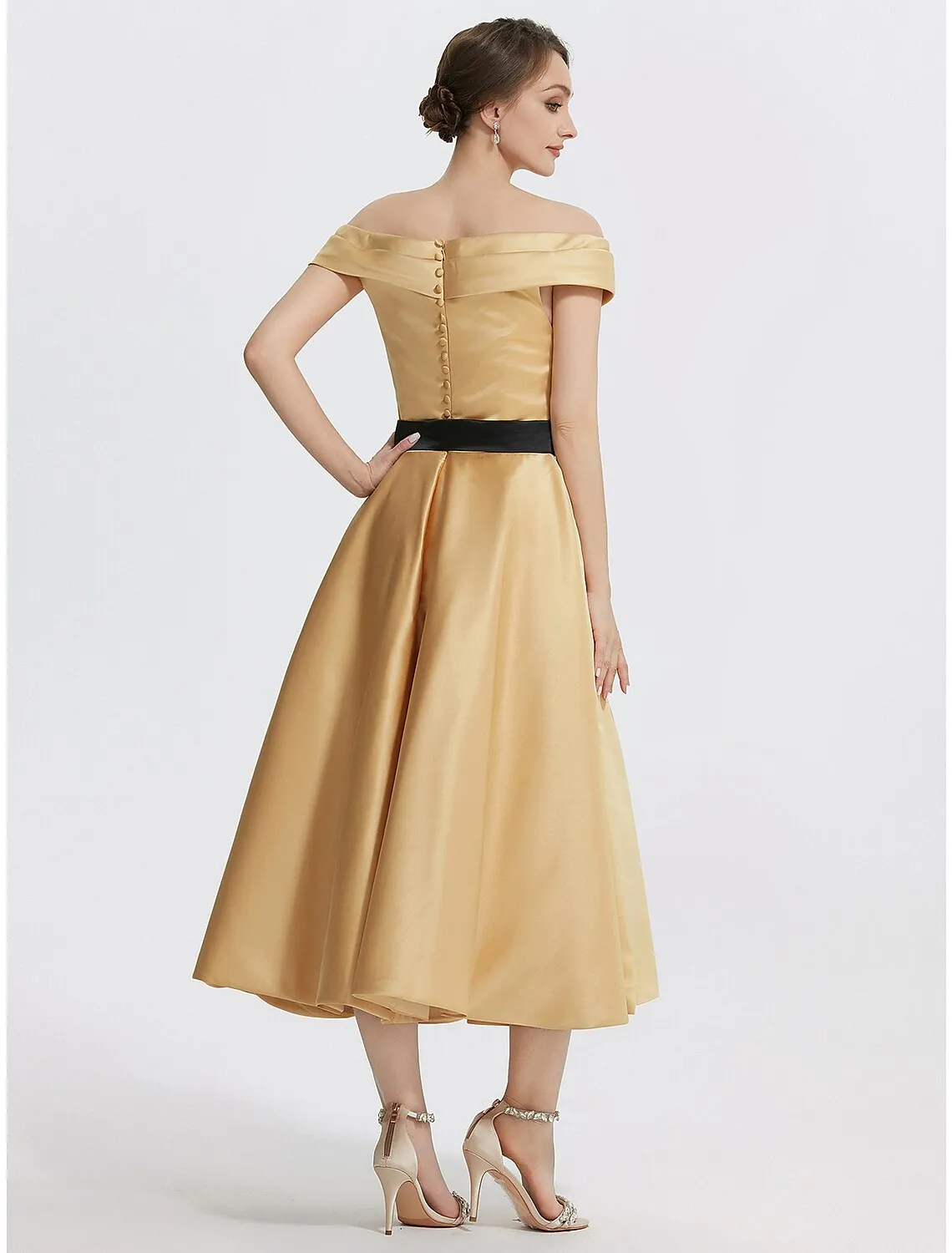 Luolandi A-Line Cocktail Dresses Elegant Dress Formal Prom Tea Length Sleeveless Off Shoulder Satin