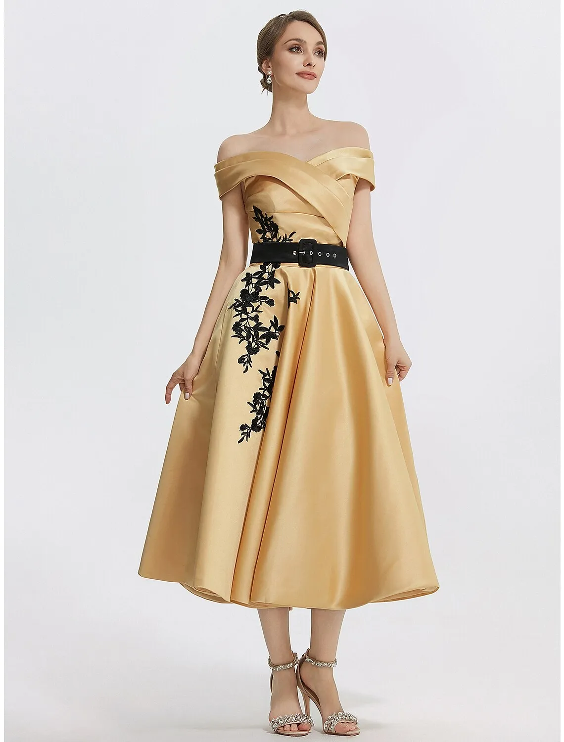 Luolandi A-Line Cocktail Dresses Elegant Dress Formal Prom Tea Length Sleeveless Off Shoulder Satin
