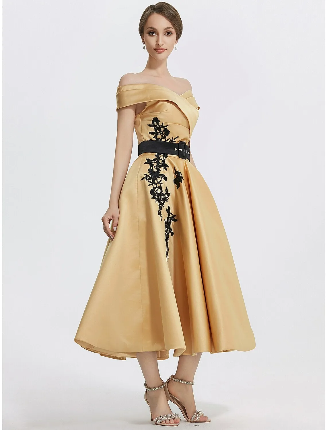Luolandi A-Line Cocktail Dresses Elegant Dress Formal Prom Tea Length Sleeveless Off Shoulder Satin