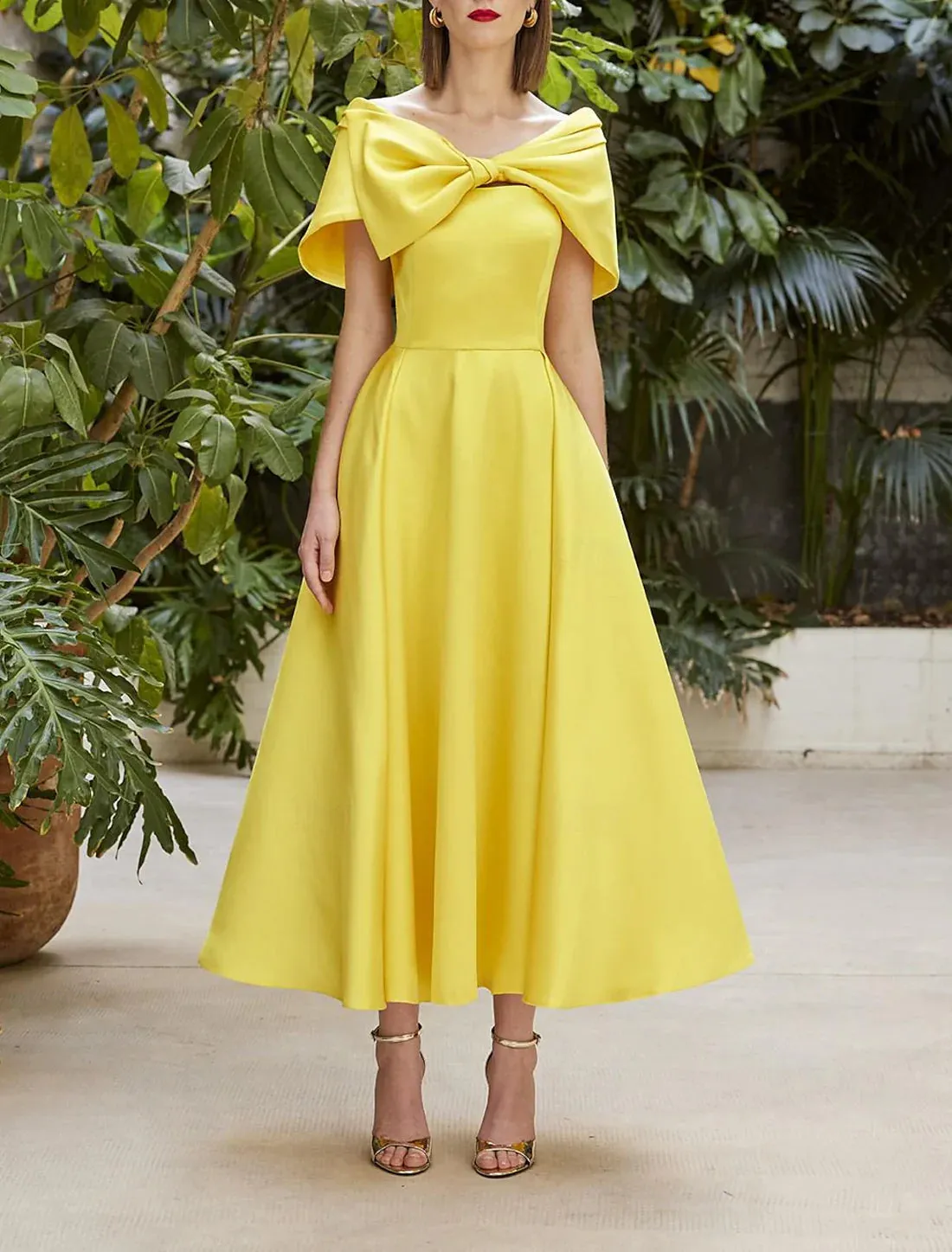 Luolandi A-Line Cocktail Dresses Elegant Dress Wedding Cocktail Party Tea Length Short Sleeve Off Shoulder Italy Satin with Bow(s) Evening Dress