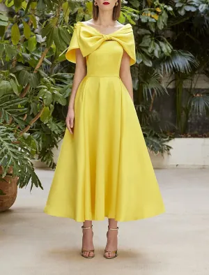 Luolandi A-Line Cocktail Dresses Elegant Dress Wedding Cocktail Party Tea Length Short Sleeve Off Shoulder Italy Satin with Bow(s) Evening Dress