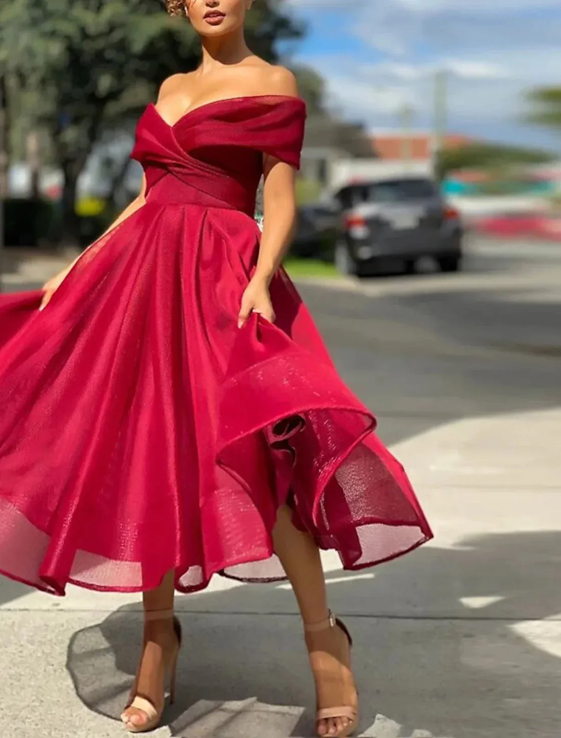 Luolandi A-Line Cocktail Dresses Vintage Dress Wedding Guest Tea Length Sleeveless Off Shoulder Tulle with Pleats Sexy Party Dress