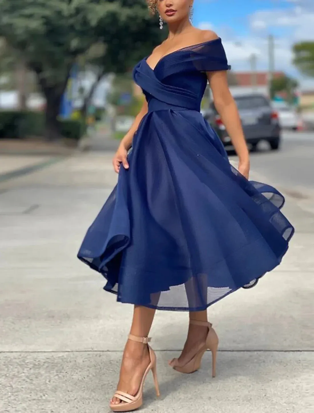 Luolandi A-Line Cocktail Dresses Vintage Dress Wedding Guest Tea Length Sleeveless Off Shoulder Tulle with Pleats Sexy Party Dress