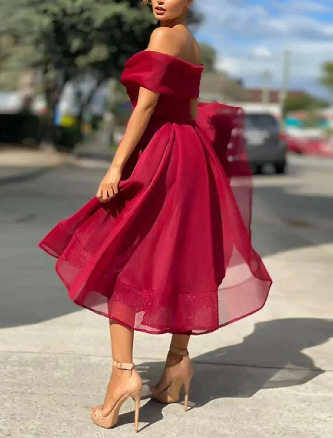 Luolandi A-Line Cocktail Dresses Vintage Dress Wedding Guest Tea Length Sleeveless Off Shoulder Tulle with Pleats Sexy Party Dress