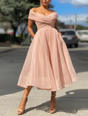 Luolandi A-Line Cocktail Dresses Vintage Dress Wedding Guest Tea Length Sleeveless Off Shoulder Tulle with Pleats Sexy Party Dress