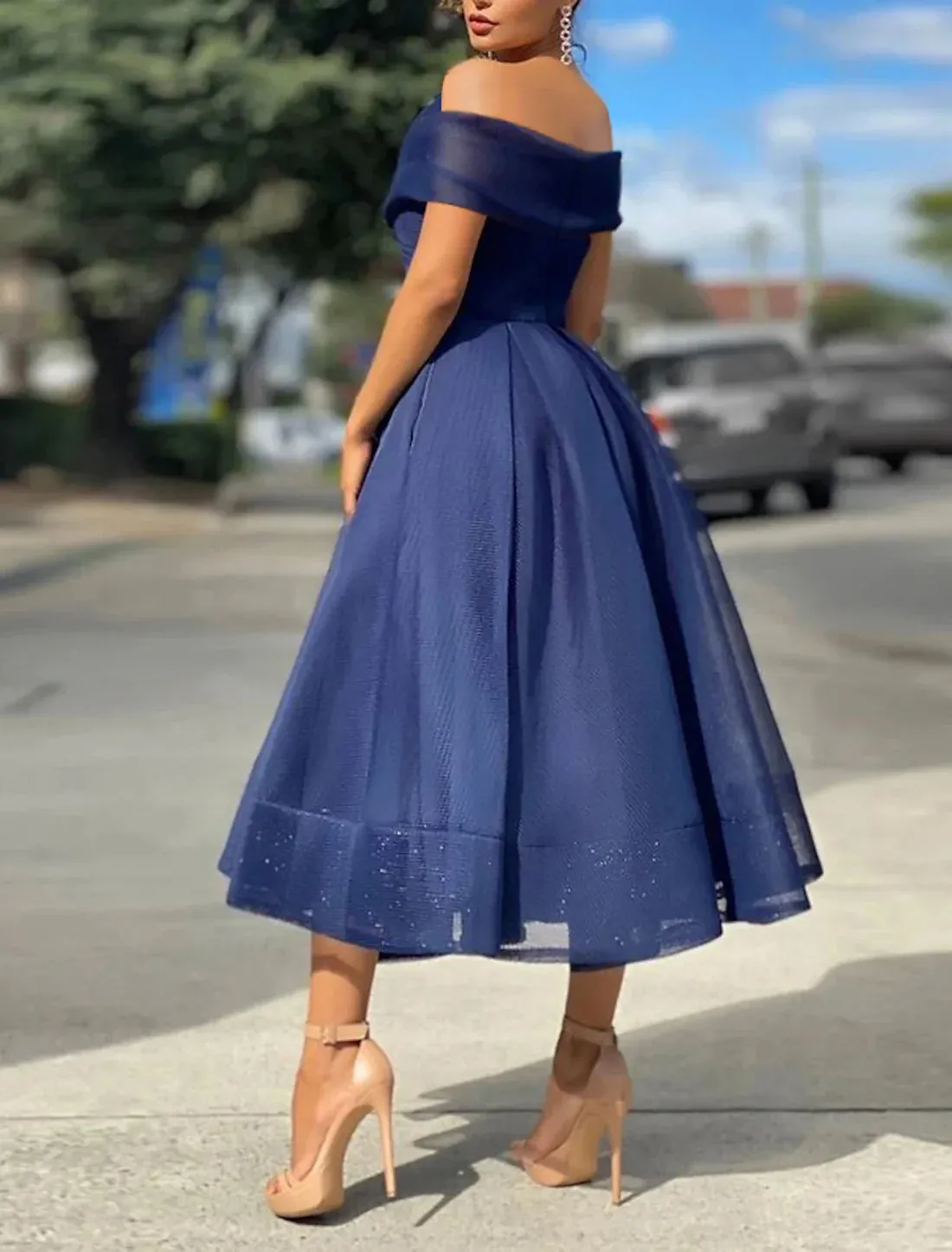 Luolandi A-Line Cocktail Dresses Vintage Dress Wedding Guest Tea Length Sleeveless Off Shoulder Tulle with Pleats Sexy Party Dress