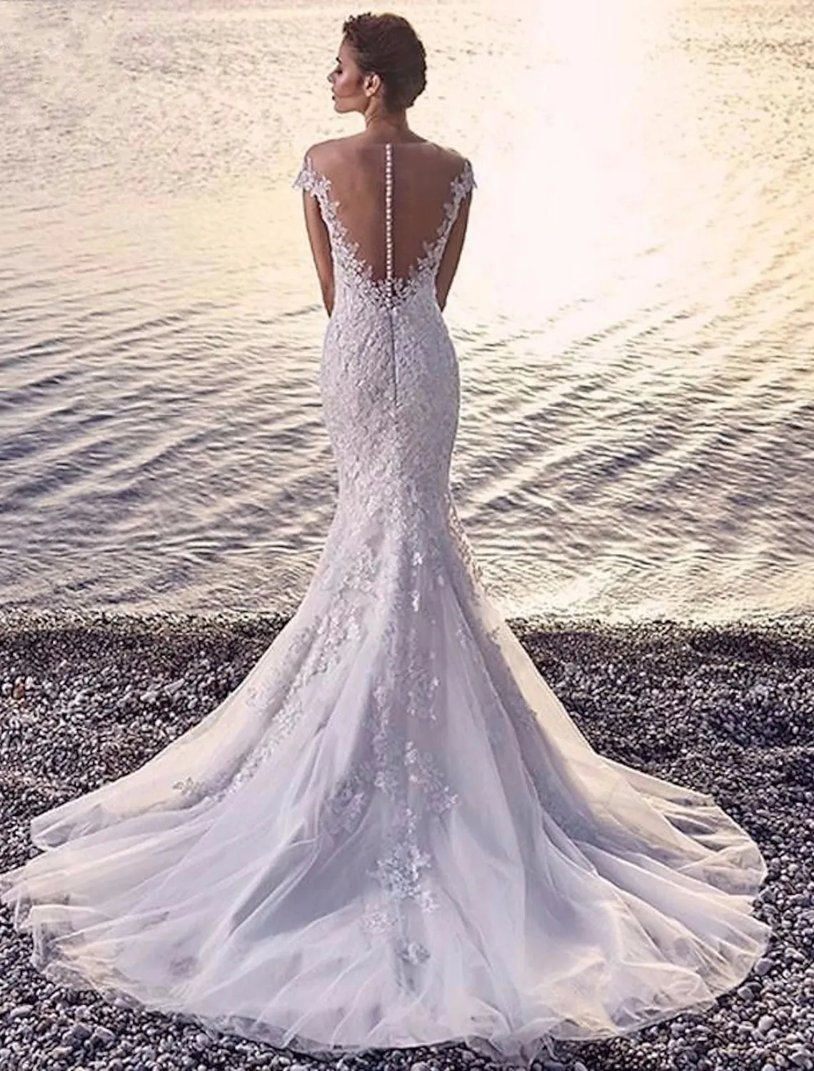 Luolandi Beach Formal Wedding Dresses Mermaid / Trumpet Scoop Neck Off Shoulder Cap Sleeve Court Train Lace Bridal Gowns