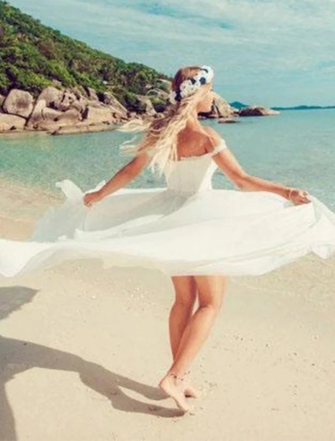 Luolandi Beach Sexy Boho Wedding Dresses A-Line Off Shoulder Cap Sleeve Court Train Chiffon Bridal Gowns With Split Front