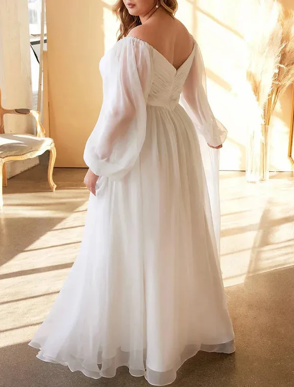 Luolandi Beach Simple Wedding Dresses A-Line Off Shoulder Long Sleeve Floor Length Chiffon Bridal Gowns With Pleats Solid Color Plus Size