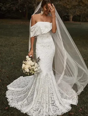 Luolandi Beach Vintage Boho Wedding Dresses Mermaid / Trumpet Off Shoulder Short Sleeve Court Train Lace Bridal Gowns
