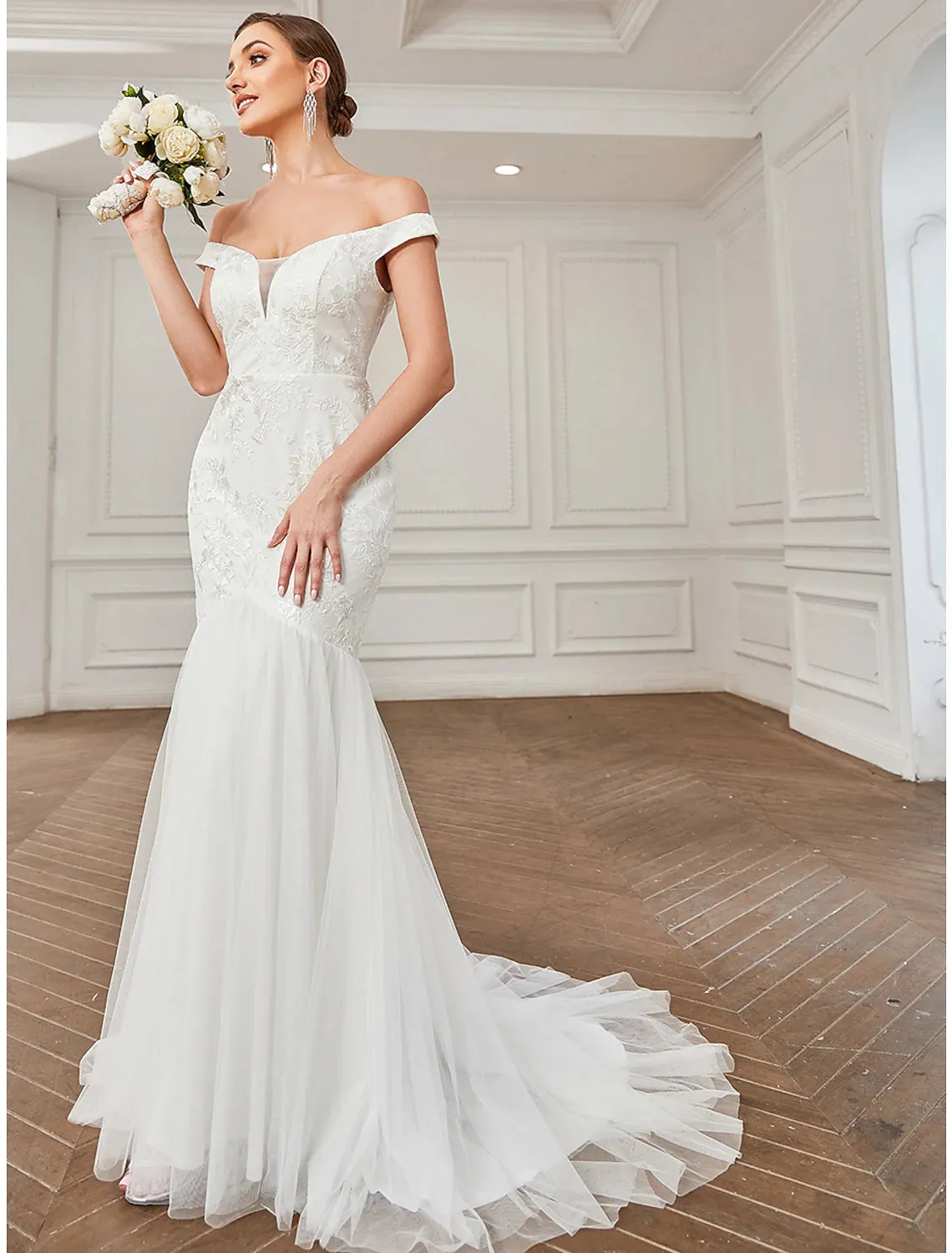 Luolandi Beach Vintage Wedding Dresses Sweep / Brush Train A-Line Cap Sleeve Off Shoulder Lace With Lace