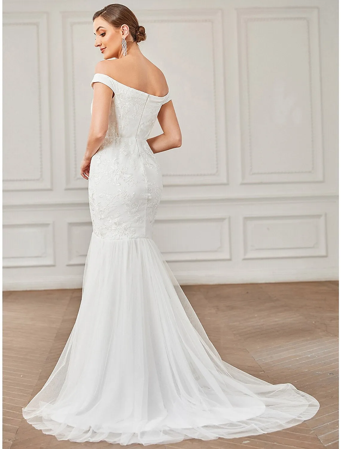 Luolandi Beach Vintage Wedding Dresses Sweep / Brush Train A-Line Cap Sleeve Off Shoulder Lace With Lace