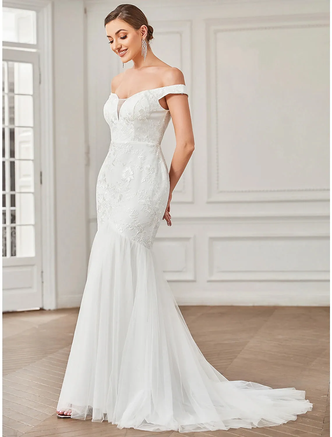 Luolandi Beach Vintage Wedding Dresses Sweep / Brush Train A-Line Cap Sleeve Off Shoulder Lace With Lace