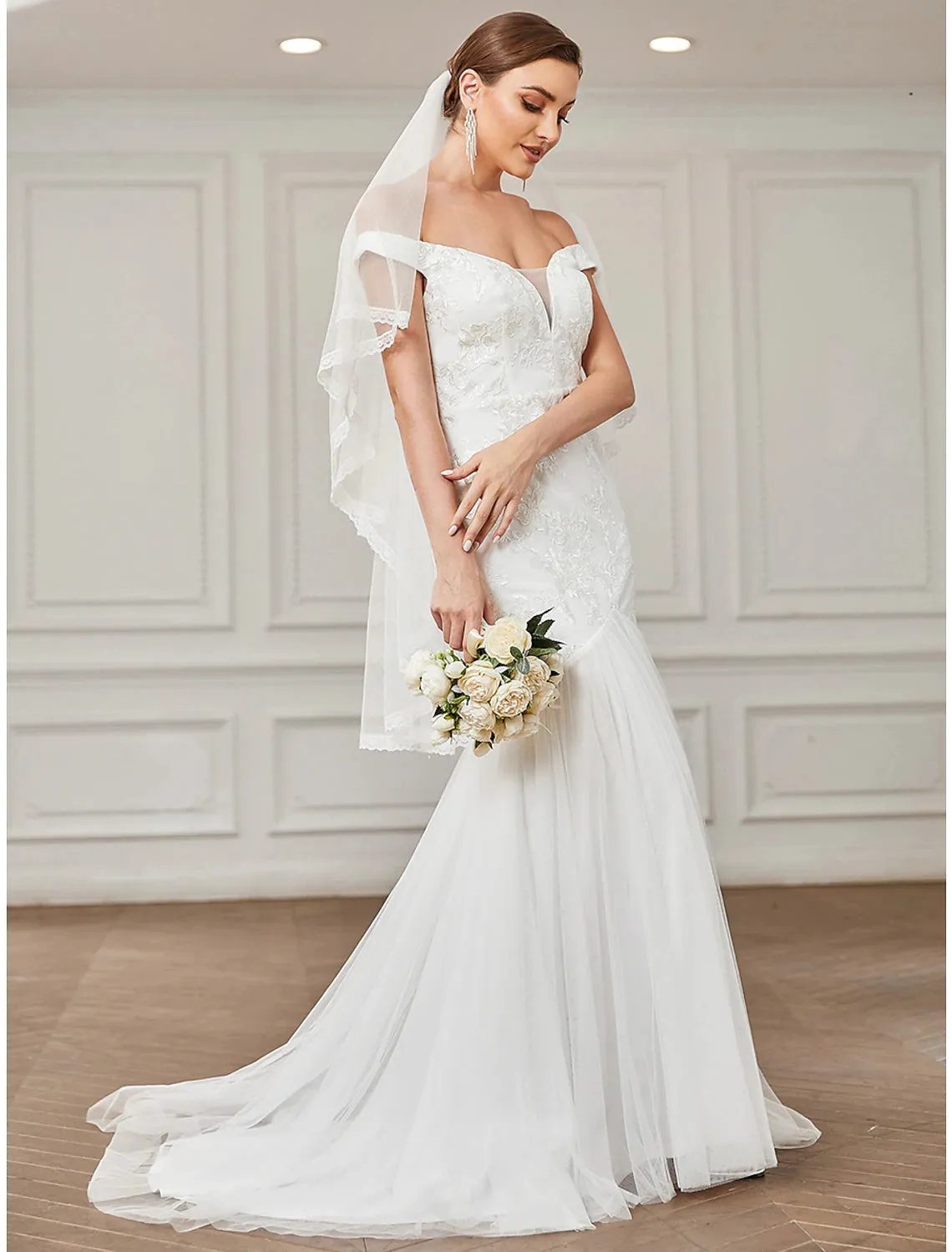 Luolandi Beach Vintage Wedding Dresses Sweep / Brush Train A-Line Cap Sleeve Off Shoulder Lace With Lace