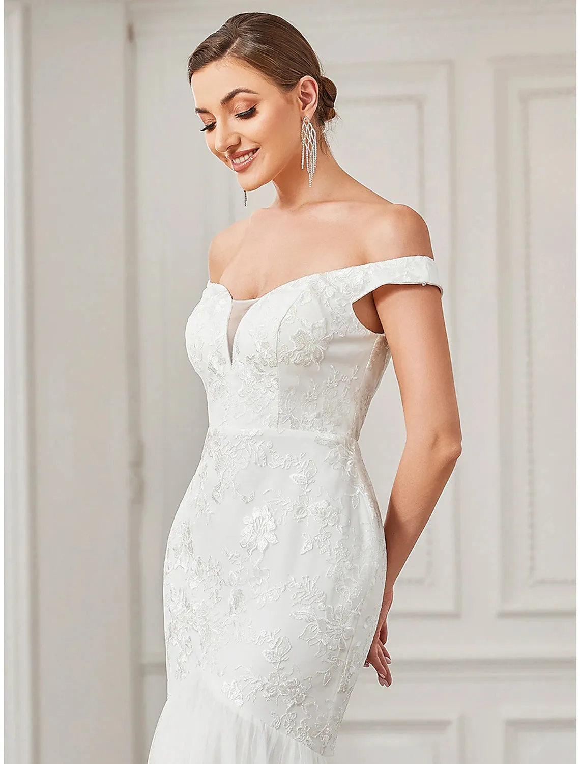 Luolandi Beach Vintage Wedding Dresses Sweep / Brush Train A-Line Cap Sleeve Off Shoulder Lace With Lace