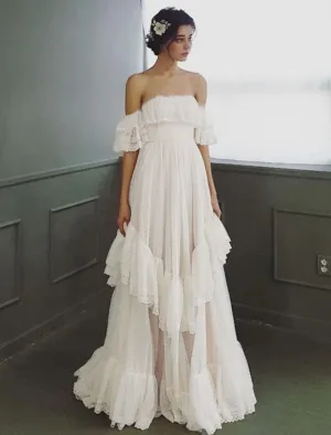 Luolandi Beach Wedding Dresses A-Line Off Shoulder Cap Sleeve Sweep / Brush Train Tulle Bridal Gowns