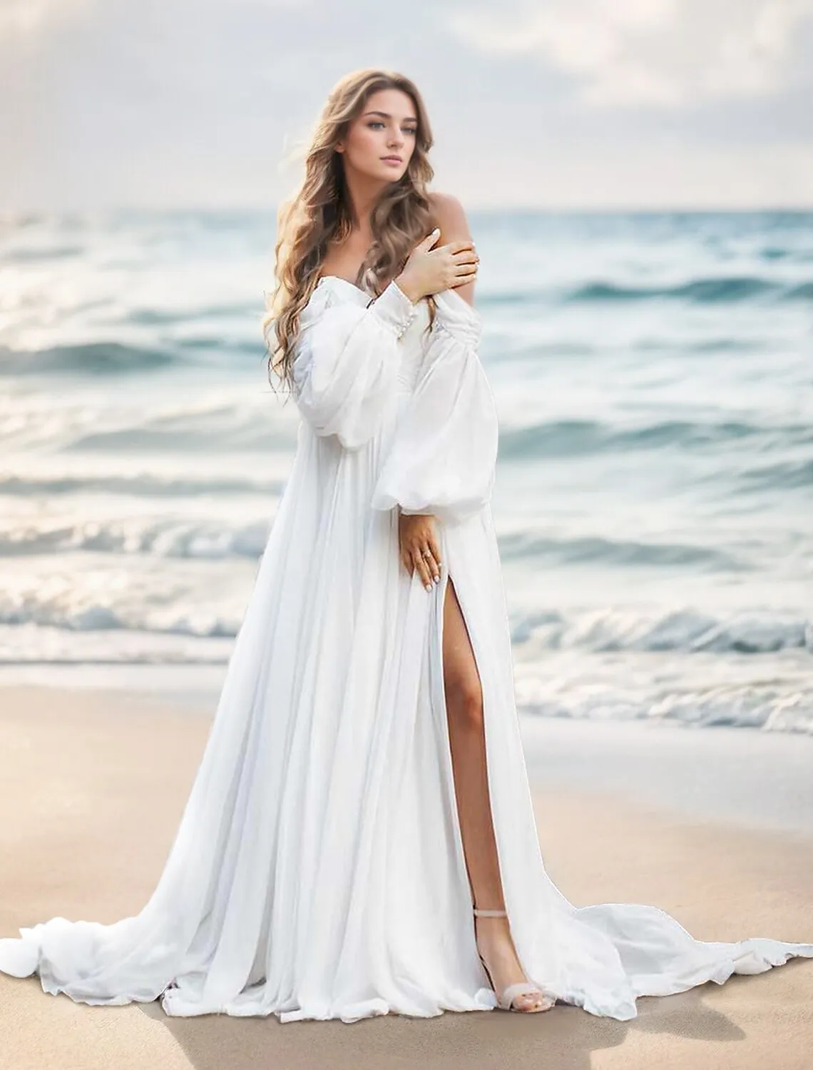 Luolandi Beach Wedding Dresses A-Line Off Shoulder Long Sleeve Chapel Train Chiffon Bridal Gowns With Split Front Solid