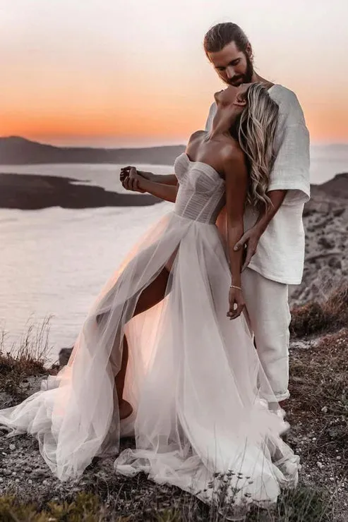 Luolandi Romantic A-Line Sweetheart Ivory Tulle Beach Wedding Dresses with Slit Off Shoulder